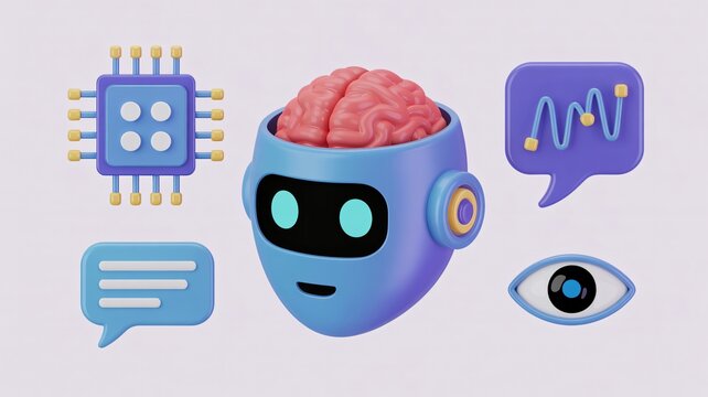 A robotic head with a visible brain symbolizes artificial intelligence. Surrounding elements represent technological components and communication.