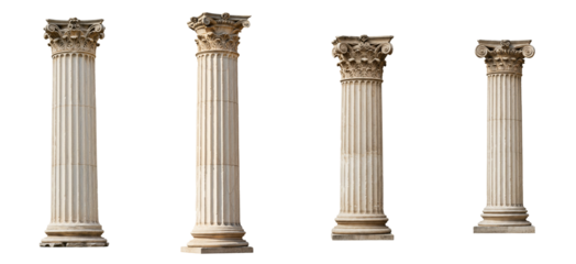 Set of isolated photorealistic images of four classical columns on transparent background, isolated  