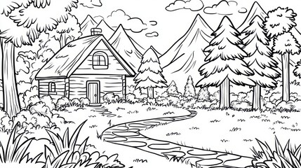 Obraz premium Scenic countryside landscape with a wooden cabin, tall trees, and majestic mountains in a peaceful setting