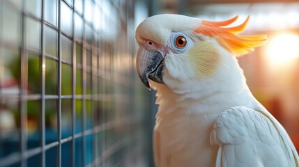 A stunning white cockatoo stands elegantly, framed by delicate sunlight, showcasing its unique features and vibrant personality, inviting admiration and wonder.