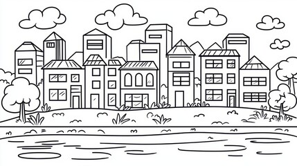 Obraz premium Cityscape drawing with houses, trees, and water beside a serene urban setting