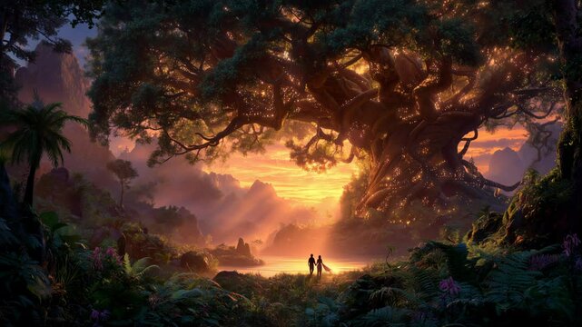 Exploring the serene garden of Eden with Adam and Eva as they embrace nature's wonders at sunset