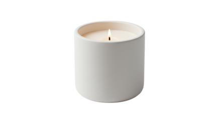 Minimalist white candle in round ceramic holder with burning wick  