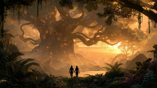 Exploring the serene paradise of Adam and Eva in the lush Eden at sunset