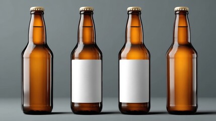 Four empty amber beer bottles are neatly arranged in a row on a smooth gray surface, featuring blank labels that invite customization for branding or personal designs.