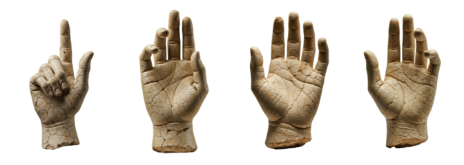set of isolated photorealistic images  hands in different gestures on transparent background  