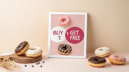 sale poster featuring assorted donuts on a pastel background, bold pink 'Buy 1 Get 1 Free' sticker
