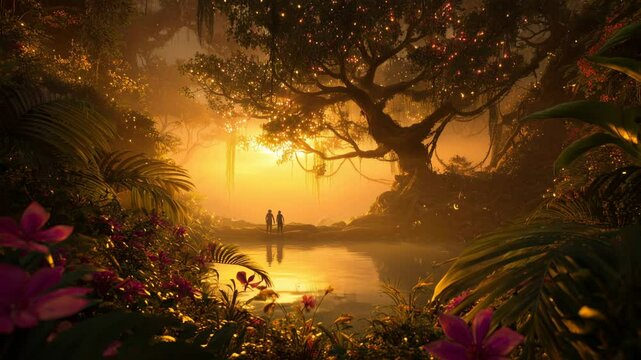 Eden as Adam and Eva discover the beauty of the garden during sunset surrounded by vibrant nature