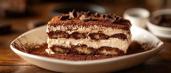 Delicious Tiramisu Dessert with Layers of Cream and Chocolate Shavings