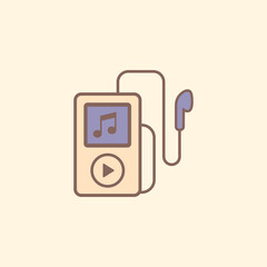 Flat icon of MP3 player and earbuds used for listening to relaxing music, white noise, or guided meditation during bedtime or self-care moments