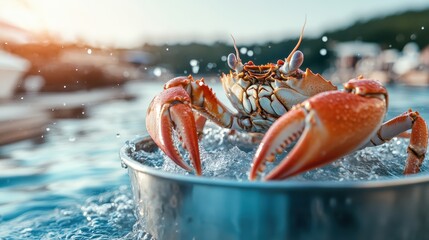 A vibrant crab leaps from a silver bowl into clear water, surrounded by droplets, symbolizing the freshness of the sea and the excitement of marine life in action.