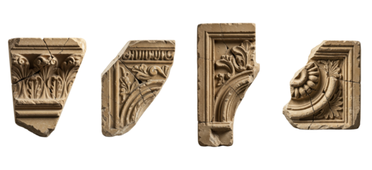 Ornate architectural fragments displayed in a set of isolated photorealistic images on a transparent background  