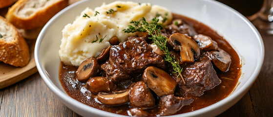 Beef Bourguignon with Mashed Potatoes and Mushrooms Served in a White Bowl