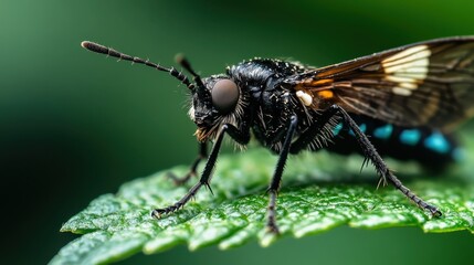 Naklejka premium This detailed macro shot captures a striking black insect resting on a vibrant green leaf, highlighting the beauty of nature and the intricate details of insects.
