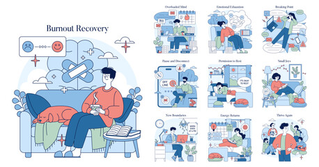 Obraz premium Burnout Recovery Illustrated with Relaxation Steps