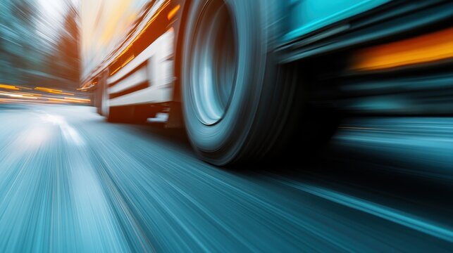 An abstract representation of speed, capturing a truck in motion with blurred lines evoking feelings of power and efficiency on the open road during daytime.