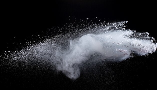 white sugar dust explosion front view studio lighting plain black background