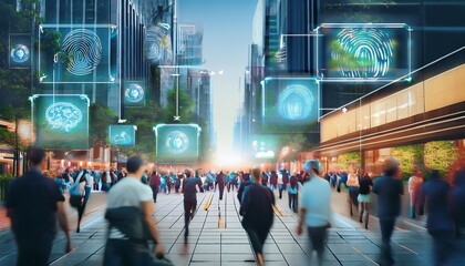 urban crowd scene with facial recognition and digital interface overlays on busy city street