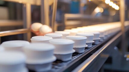 Production line of yogurt containers moving through factory in early morning hours