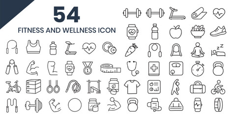 Collection of 54 fitness and wellness icons for healthy lifestyle and sports activities