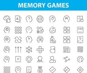 Memory Games Line Icons,  Brain, Puzzle, Cards, Lightbulb, Focus, Timer, Pattern, Sequence, Provided in editable AI, EPS, JPG and transparent PNG formats