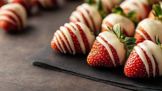 A close-up view of strawberries elegantly dipped in white chocolate, drizzled with chocolate, creating a delightful treat that tantalizes the senses with sweetness.