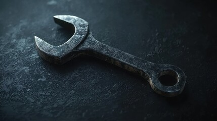 Rustic metal wrench placed on a dark textured surface showcasing worn details and industrial charm
