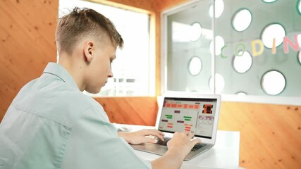 Back view of high school student working on laptop analysis data at STEM science class. Smart happy caucasian boy learning to coding engineering prompt or programming system at STEM class. Edification - Powered by Adobe