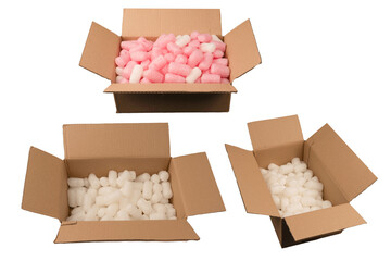 Cardboard box and white filling material in it isolated on a white background.