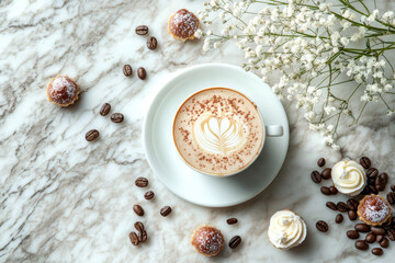 Cup of cappuccino with latte art surrounded by coffee beans, sweet pastries, and delicate white flowers on marble surface. For breakfast scenes, food blogs, cafe branding, or elegant culinary visuals