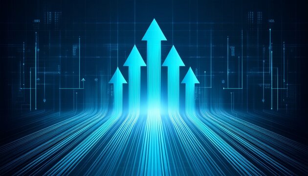 futuristic glowing blue arrows upward on digital background for web design tech branding business growth data concept abstract graphic illustration - Powered by Adobe