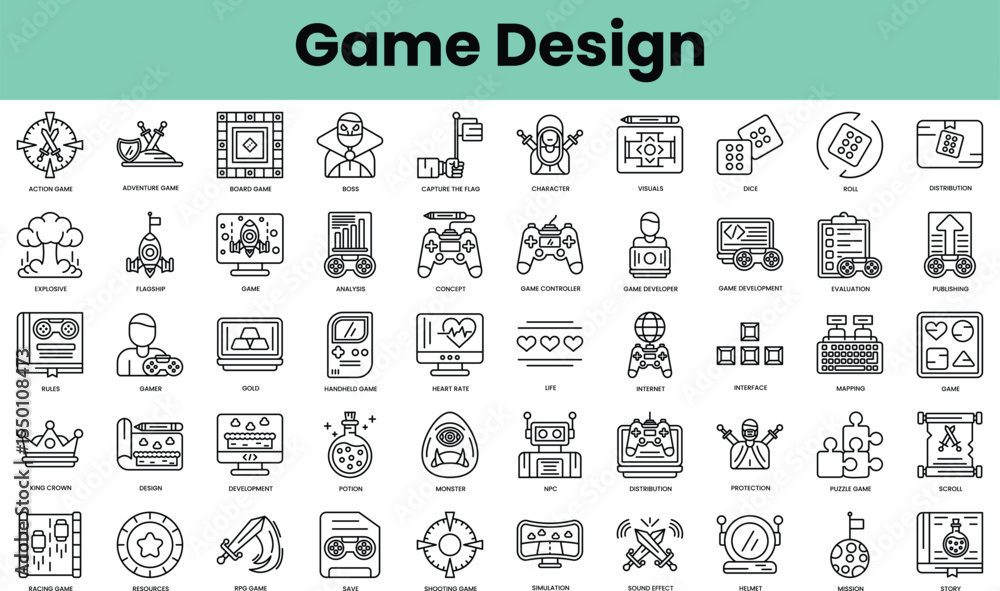 Poster set of game design icons. linear style icon bundle. vector illustration