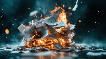 A pile of papers ignites in a warm orange and blue glow, creating an intense visual that symbolizes destruction and chaos in a beautifully chaotic moment captured in time.