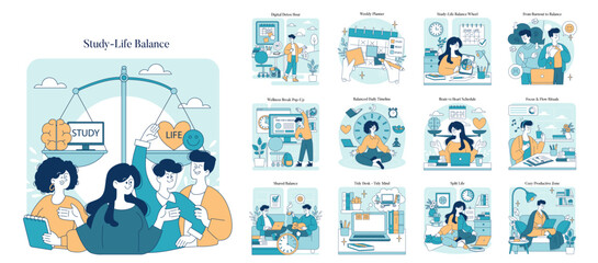 Study-Life Balance Concepts Illustrated with Characters