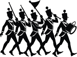 Marching Band Parade Silhouette Artwork, Band Performing in Street Parade Silhouette