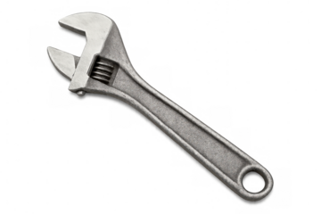 Shiny chrome adjustable wrench, professional tool showcasing mechanical work against clean transparent backdrop