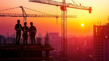 Construction workers oversee a building site at sunset with cranes silhouetted against the colorful sky