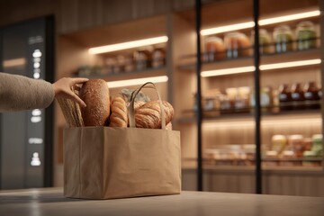 A paper bag filled with delicious assorted breads, showcasing a variety of freshly baked goods in a warm and inviting bakery setting, with a hand reaching for a loaf.