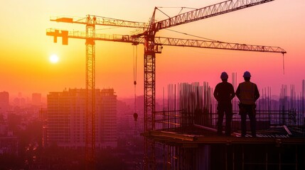 Construction workers observe sunset over city skyline with cranes in background amid ongoing development activity