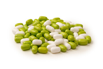 Sweet multicolored candies isolated on white background.