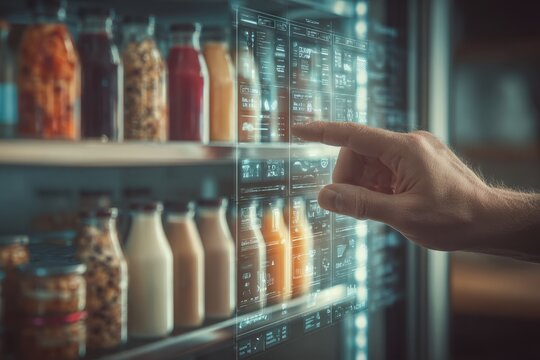 A futuristic grocery shopping experience with augmented reality interface, displaying nutritional information and product details while a customer interacts with the screen.