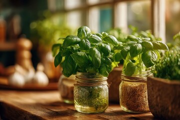 Obraz na płótnie Canvas Close-up of aromatic basil plants in vintage mason jars on a rustic wooden table, bathed in natural light, showcasing freshness and culinary herbs indoors.
