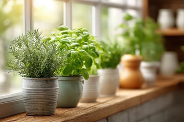 Close-up of fresh culinary herbs in pots growing on the windowsill in the kitchen, including rosemary and basil, adding a touch of greenery and natural beauty indoors.