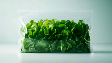 Fresh green salad leaves in a clear plastic bag on a light backdrop