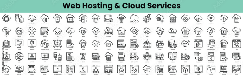 Poster set of web hosting and cloud services icons. linear style icon bundle. vector illustration