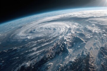 Fototapeta premium A massive storm system develops over the planet's surface, revealing swirling clouds and detailing mountainous terrain in the twilight