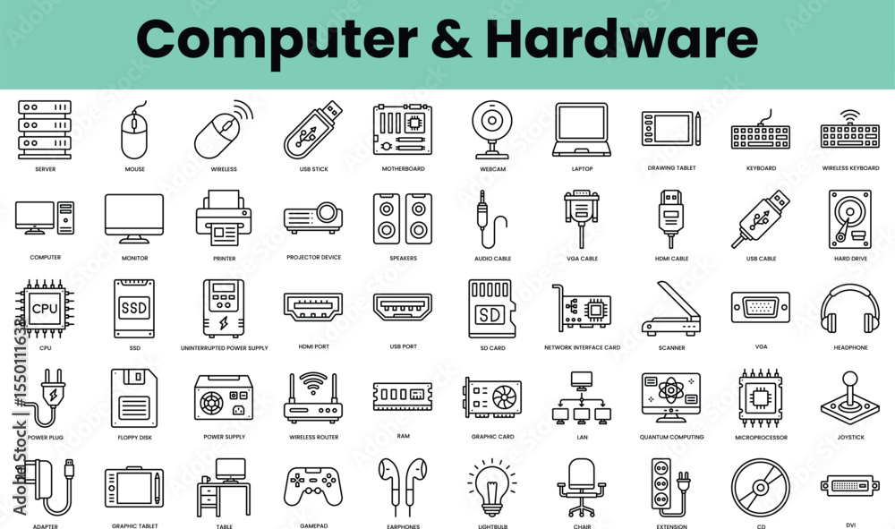 Poster set of computer and hardware icons. linear style icon bundle. vector illustration