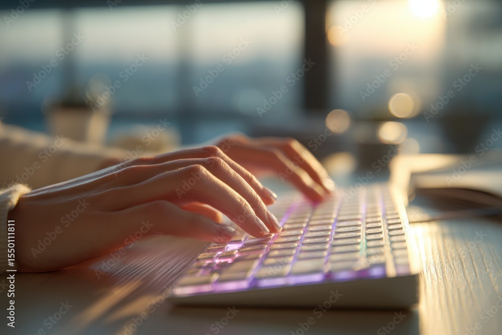Poster close-up shot of a woman's hands typing on a sleek modern keyboard with soft lighting and an office 