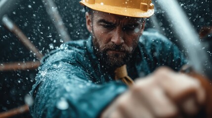 Fototapeta premium A determined worker is captured in motion against the rain, symbolizing resilience and dedication while wearing a hard hat, showcasing an industrious and challenging environment.
