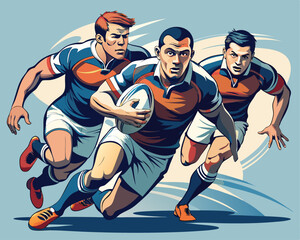 Dynamic action shot of rugby players in motion during playing vector art design 